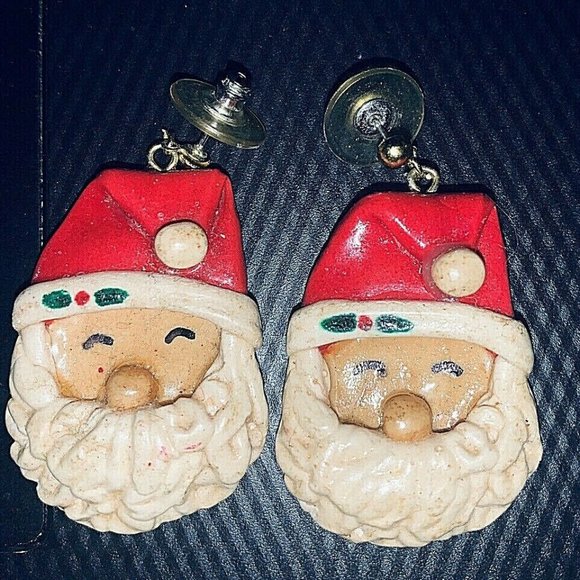 VTG Santa Claus Earrings Face Hat Beard Salt Dough - Picture 1 of 12